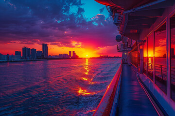 As sun began to set on a warm summer evening, panoramic view from tourist ship's deck revealed a breathtaking scene of city's skyline, with vibrant colors of sunset casting a romantic glow over calm w