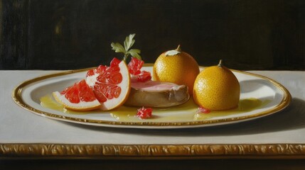 Oil painting depicting a dish featuring duck fillet and pomelo