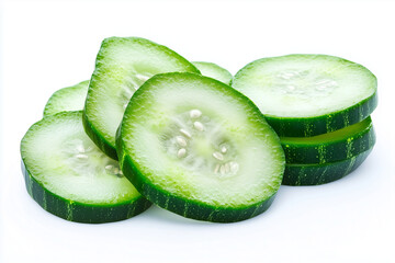 Wall Mural - Sliced cucumber isolated on white background, Fresh zucchini sliced, Juicy cucumber concept.	
