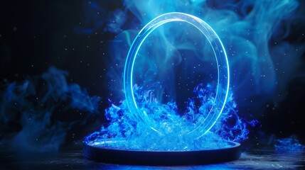 Wall Mural - Blue hologram portal. Magic fantasy portal. Magic circle teleport podium with hologram effect. Abstract high tech futuristic technology design. Round shape. Circle Sci-fi element light and lights. --