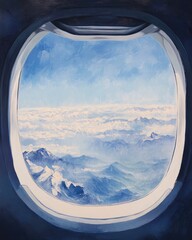 Oil painting depicting a sky and cloud view from an airplane window showcasing the earth s surface and mountains with ample copy space for text and landscape observation