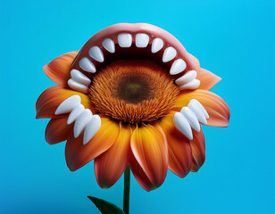 Wall Mural -  A flower with human teeth on a light blue background, creating a surreal and close-up visua_1(93)