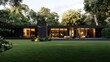 © Apiwat - A Scandinavian brick home with clean lines, situated on a green lawn amidst the towering trees of a rainforest