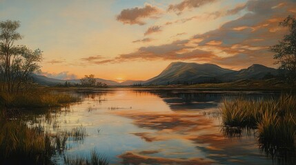 Oil painting depicting a serene natural reserve at sunset featuring reflections of a mountain in flooded waters capturing the beauty of nature