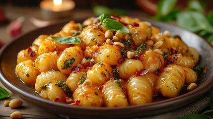 Gnocchi with rich pesto sauce and toasted pine nuts, elegantly presented on a ceramic dish, with a blurred candlelight softly glowing in the background, creating a warm and intimate dining setting.