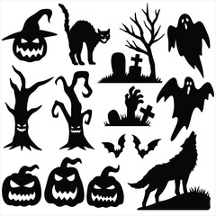 Halloween silhouette. Halloween silhouette collection. Halloween pumpkin, graveyard, bat, witch, ghost, zombie, tomb
