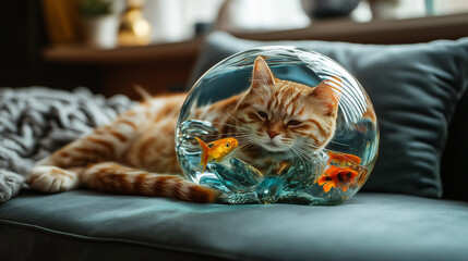 Playful orange tabby cat curiously gazing at goldfish inside a glass ball, cozy home setting with soft natural light, humorous and adorable pet moment captured in vivid and unusual details detail