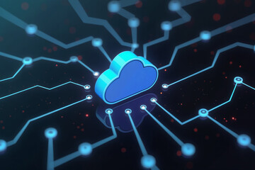 Wall Mural - a blue cloud computing icon on a black background with connected lines and dots, representing future