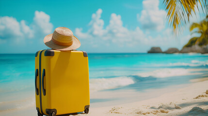 Travel holiday vacation suitcase with straw hat and on the beautiful sand beach. Advertisement travel suitcase