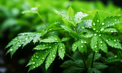 close-up of fresh green leaves with dew drops capturing the vitality and natural beauty of the lush 