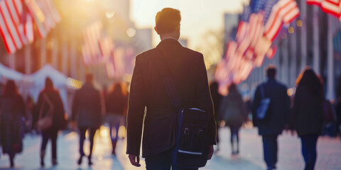 Wall Mural - A silhouetted figure walks down a sunlit street adorned with American flags, capturing a moment of quiet patriotism and reflection.