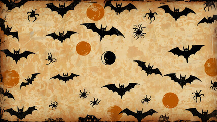 A spooky Halloween background featuring bats, spiders, and moons with an orange and black color scheme