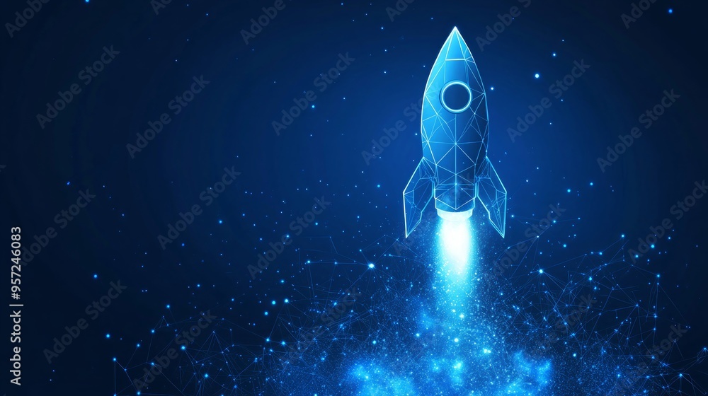 Abstract growth graph chart with launch rocket on technology blue ...