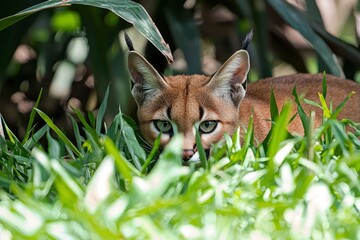 Poster - A Wild Cat Peeking Through Lush Green Foliage