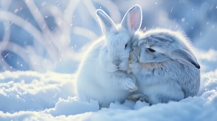 Wall Mural - There are two adorable little snow bunnies embracing