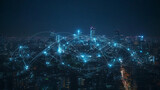 W scenerii nocnego miasta, z intensywnie świecącymi budynkami, globalne połączenia medialne i sieciowe stają się widoczne jako jasne linie i węzły. To wizualizacja nowoczesnej technologii.