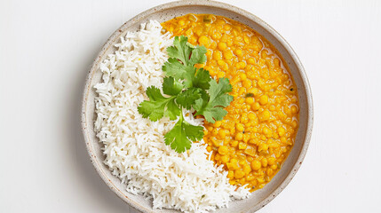 Wall Mural - Dal chawal plate isolated on white background, vegan indian food 