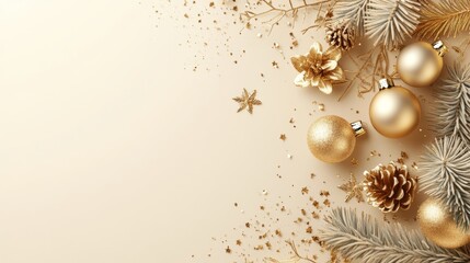 Wall Mural - Luxurious gold Christmas ornaments and glittering pine cones arranged elegantly on a matching gold background, evoking a sense of festive luxury.