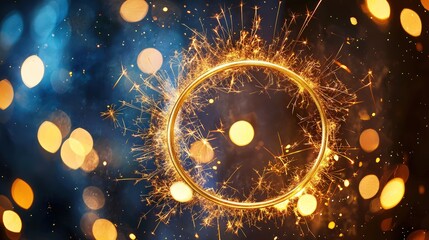 Holiday circle filled with golden fireworks and glittering sparks for celebration.