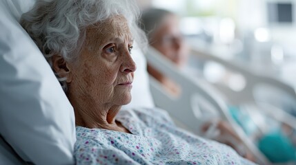 An elderly person lying in a hospital bed on a medical ward, focusing on their situation and environment, indicating themes of healthcare, aging, and patient care.