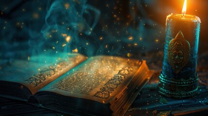 Antique book placed next to candle emitting warm, glowing light on dark wooden surface. Candlelight flickers gently, illuminating ancient text in mystical atmosphere, with smoke