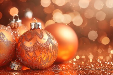 Glimmering orange and copper holiday ornaments, set against a warm copper hue.