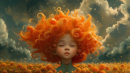 Sticker - A young girl with long, curly orange hair stands in a field of yellow flowers, gazing up at a stormy sky.