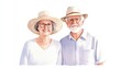 © BoOm - Cheerful elderly couple smiling, wearing hats and glasses, embodying love, happiness, and companionship against a white background. watercolor style