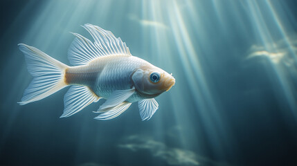 A beautiful white goldfish swimming in the deep ocean, with sunlight shining through from above