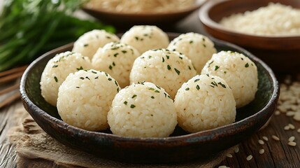 Close up of a plate of rice balls topped with green onions.