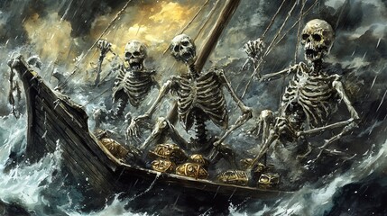 Wall Mural - Skeleton crew, sailing through a storm, cursed treasure on deck, Watercolor style