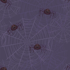 Wall Mural - Seamless pattern with scary spiders on the web. Halloween dark background. Vector cartoon flat illustration