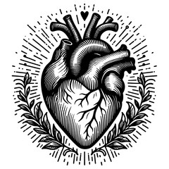 Wall Mural - anatomical heart with floral ornaments, tattoo, Valentines day card theme, sketch engraving generative ai PNG illustration. Scratch board imitation. Black and white image.