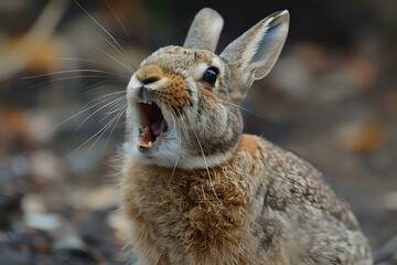 close-up of a brown rabbit with its mouth open wide, possibly mid-yawn or in an expressive moment, set against a natural, dark outdoor background. Ideal for themes related to wildlife, nature