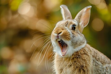 A close-up of a brown rabbit with its mouth open, possibly in mid-yawn or making a sound, set against a natural outdoor background. Perfect for themes related to wildlife, animals, or nature photo