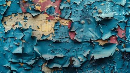 Wall Mural - Close-up of blue paint peeling off of an old surface, revealing layers of red, yellow and white paint underneath.