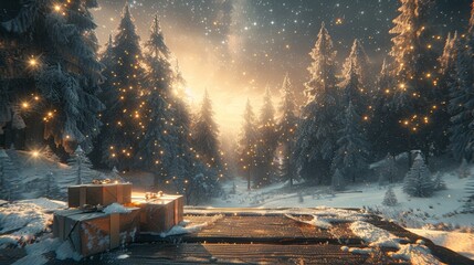 Wall Mural - a serene winter morning with sparkling lights in a snow-covered forest at sunrise