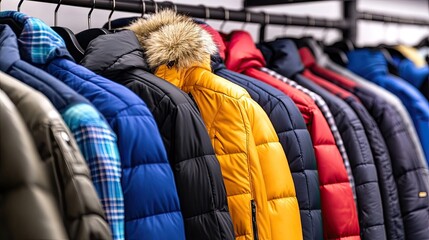 Wall Mural - A rack holds a variety of winter jackets, from puffy designs to sleek silhouettes, all showcased in an urban retail store under soft lighting, emphasizing their style and texture