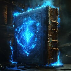 Magic vintage fantasy book on a dark background, landscape, smoke, fog, neon moonlight in the dark. 3D illustration.