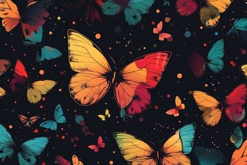 Colorful butterflies flying on black background with colorful dots