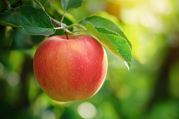 A beautifully ripe red apple dangles from a branch with green leaves in a lush orchard setting, awaiting harvest.