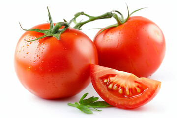 Poster - Two whole tomatoes and one tomato slice isolated on a white background.