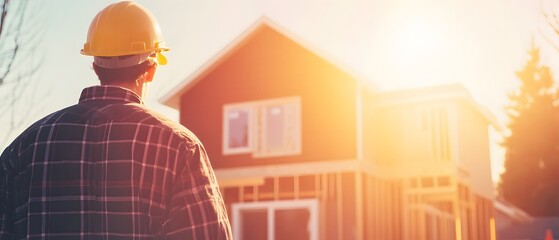 Construction Worker Looking at New Home Under Construction