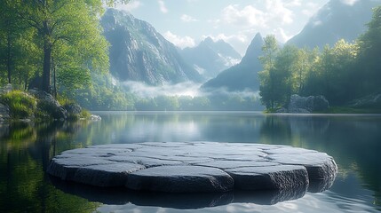 Wall Mural - Stone platform in a serene mountain lake with misty background.