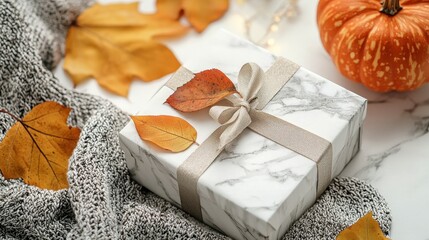 Canvas Print - Cozy Autumn Gift with Pumpkin and Leaves