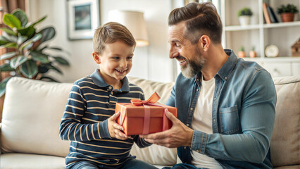 Wall Mural - Happy father and son are opening a gift box and smiling while sitting on sofa at home