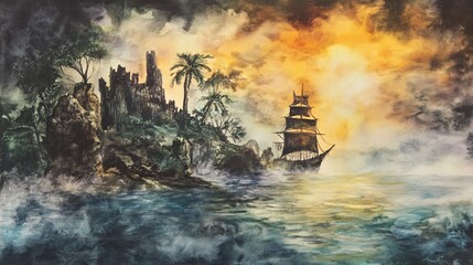 Haunted pirate island, cursed gold buried deep, eerie mist, Watercolor style