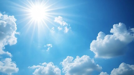clear blue sky with a few white clouds, serene weather, bright sunlight