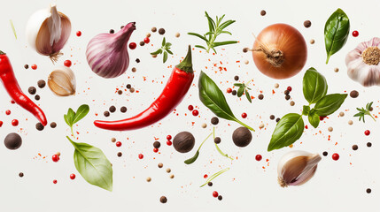 Assorted vegetables and spices arranged on a white background.