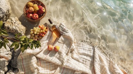 A romantic picnic blanket with fruits basket  in a middle of a sea landscape